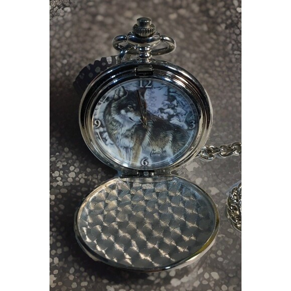 Al Agnew Wolf Men's Pocket Watch Silver Tone With Chain & Clip Needs New Battery - Picture 8 of 8